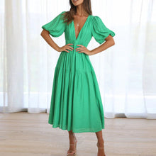 Load image into Gallery viewer, Sweet Elegant V Neck Puff Short Sleeves Tiered Midi Dress
