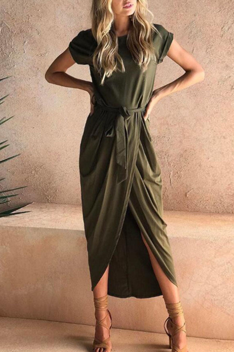 Casual Round Neck Irregular Ruched Slit Front Midi Dress
