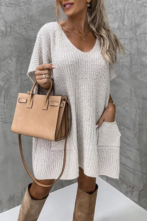 Casual Solid Pocket Short Sleeve Sweater Top