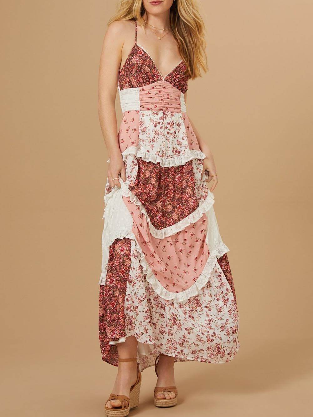 Sweet Spaghetti Straps Floral Patchwork Maxi Dress
