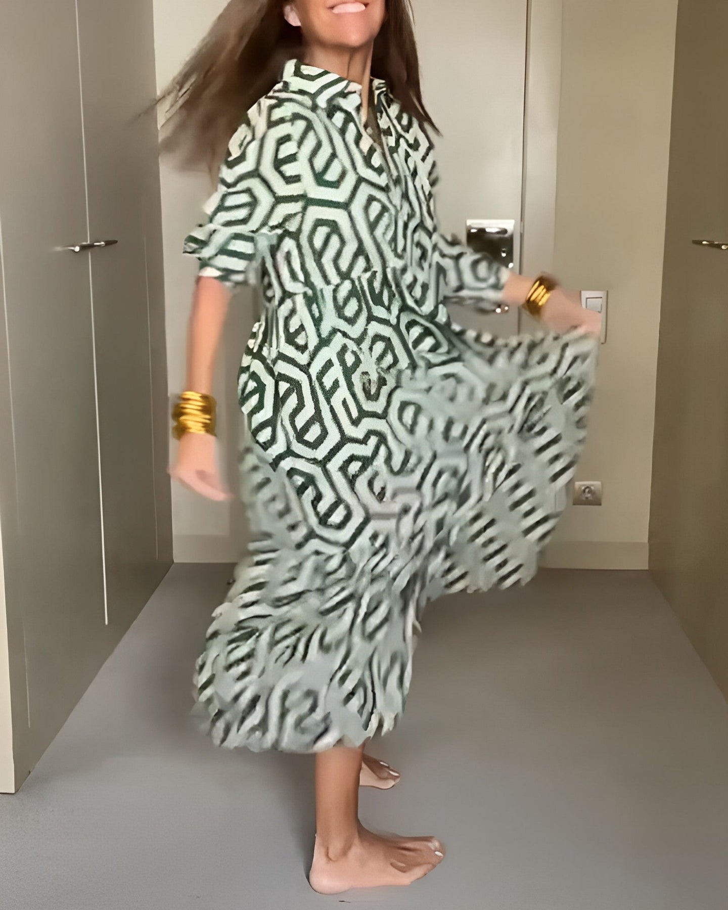 Collar Long Sleeves Print Button Down Midi Dress