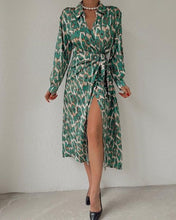 Load image into Gallery viewer, Leopard Print Long Sleeves Ruched Wrap Split Front Midi Dress
