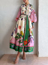 Load image into Gallery viewer, Retro Print Long Sleeve Buttons Down Midi Dress
