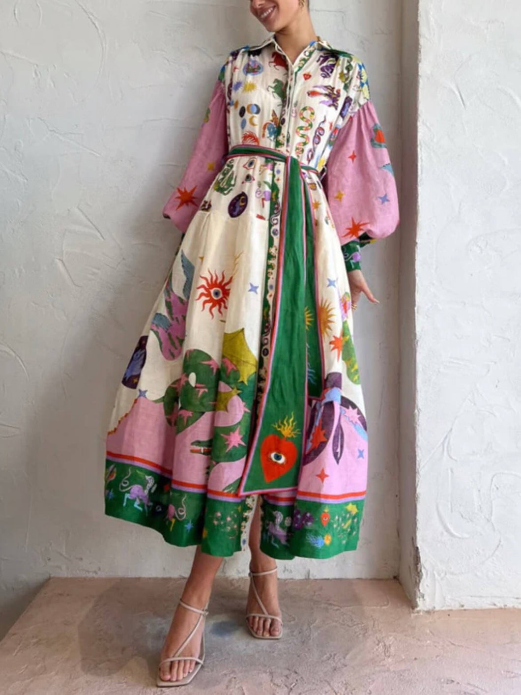 Retro Print Long Sleeve Buttons Down Midi Dress