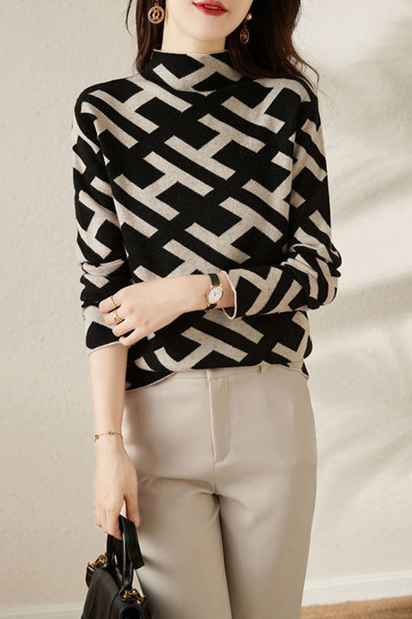 Casual Letter Jacquard Half Neck Sweater