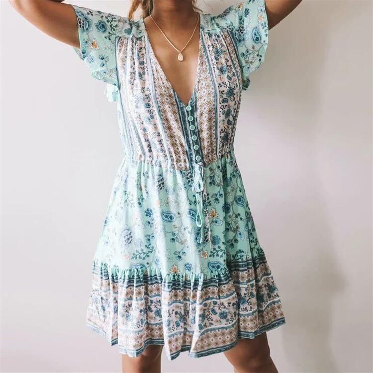 Blue Floral Print Mini Dress Sundress