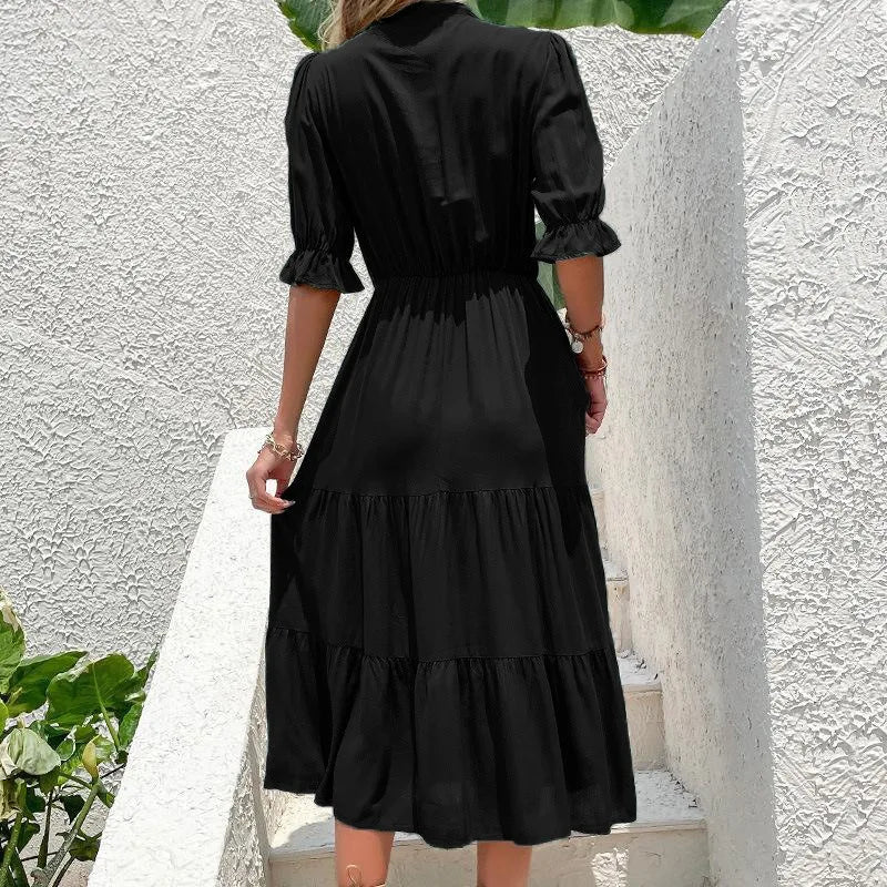 Elegant Ruffle Half Sleeve Tiered Casual Midi Dress