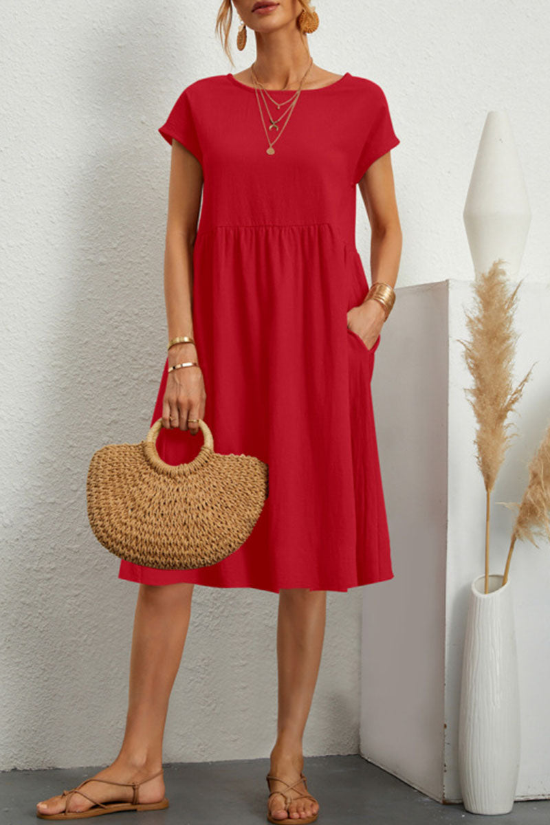 Casual Round Neck Short Sleeve A Line Pockets Midi Dress