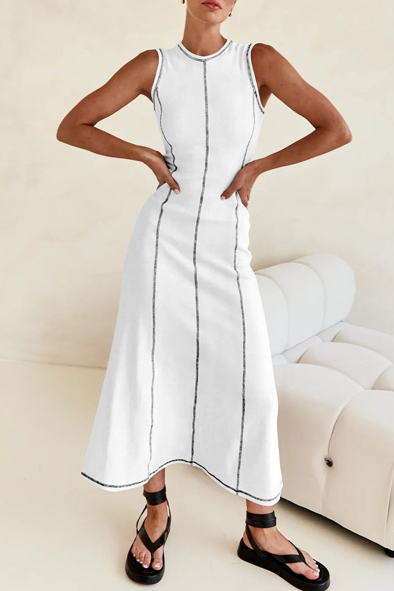 Casual Striped Contrast Sleeveless Round Necn Midi Dress