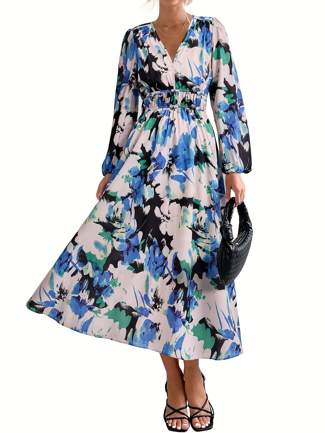 Casual Floral V Neck Long Sleeve Dress