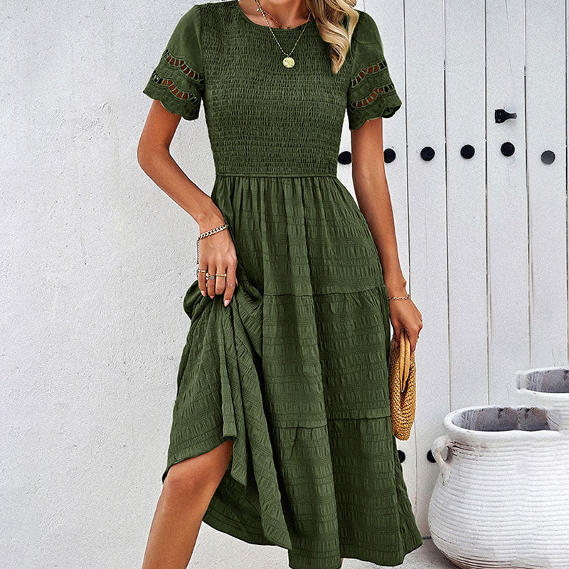 Elegant Round Neck Short Smocked Tiered Midi Dress