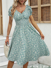 Load image into Gallery viewer, Elegant V-neck Ruched Floral Midi Dress
