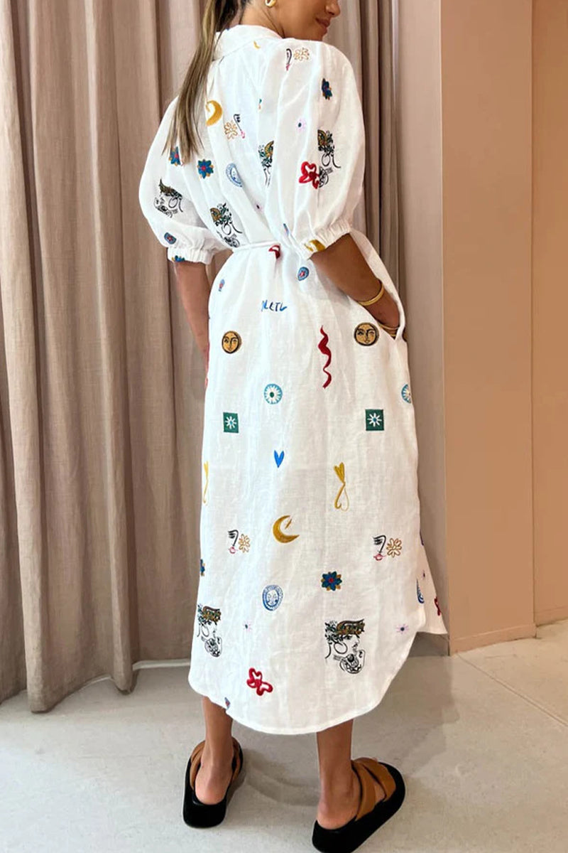 Casual Letter Print Digital Pocket Turndown Collar Shirt Midi Dress