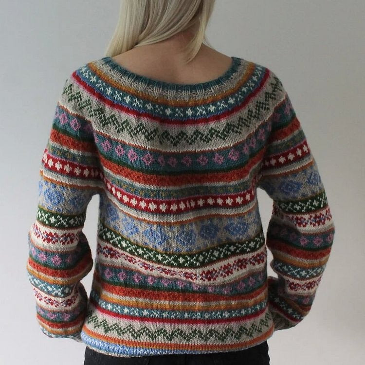 Fairman Island Vintage Pattern Crew Neck Contrast Sweater