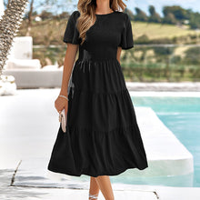 Load image into Gallery viewer, Casual Flowy Short Sleeve V Neck Ruched Elastic Waist Layered Midi Dress
