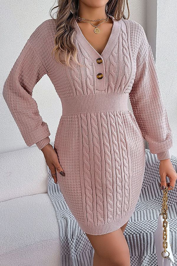 Buttoned V-neck Twist Lantern Sleeves Mini Sweater Dress