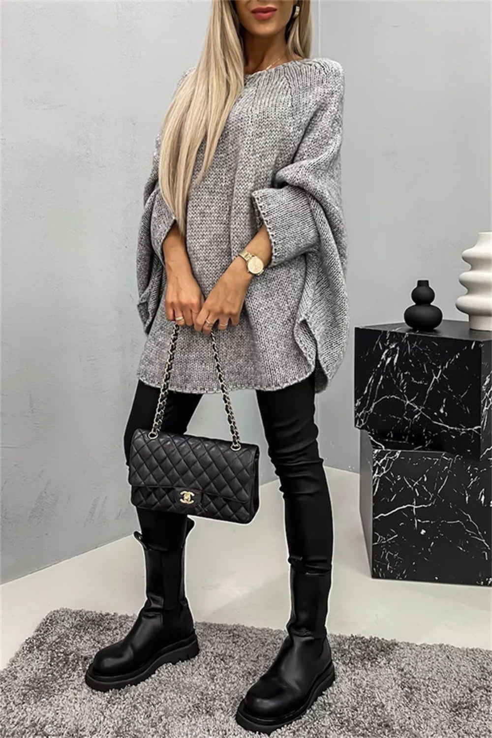 Casual Knit Crew Neck Poncho Loose Sweater