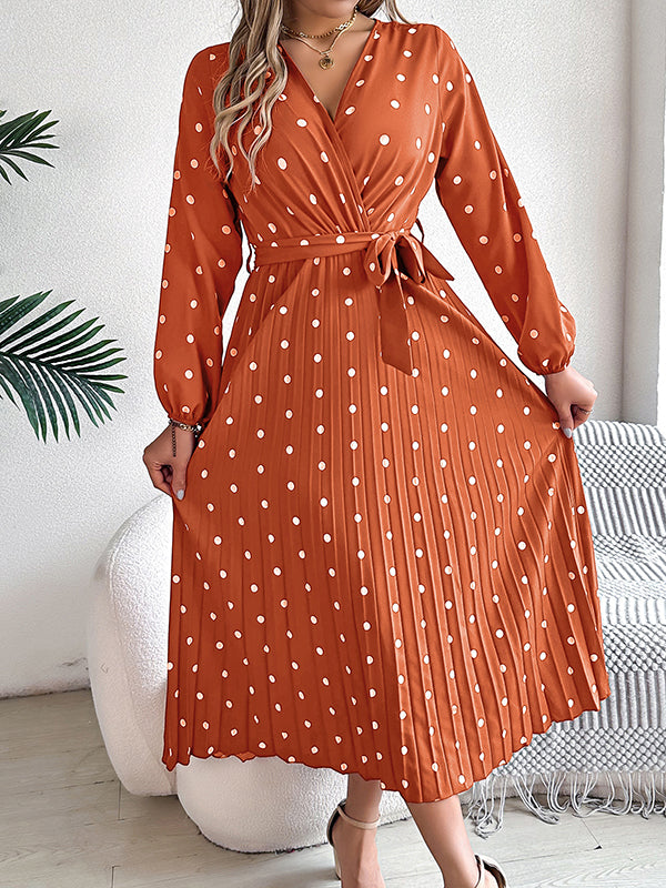 Classic V-neck Long Sleeves Polka Dots Print Midi Dress