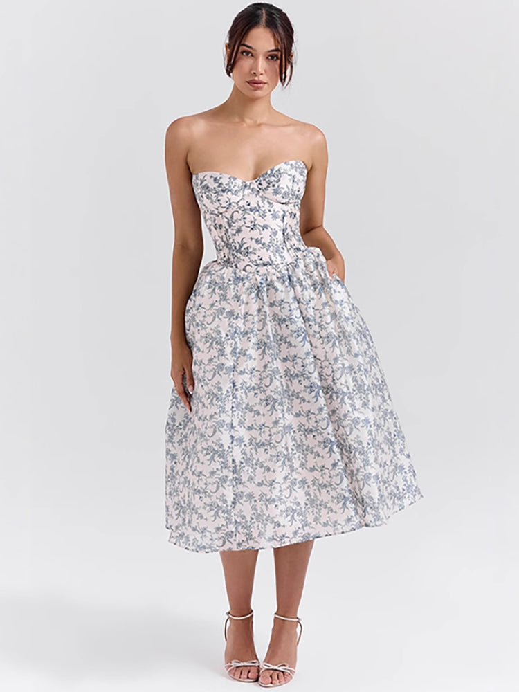 Elegant Strapless Sexy Sweetheart Neckline A-Line Fitted Waist Midi Dress