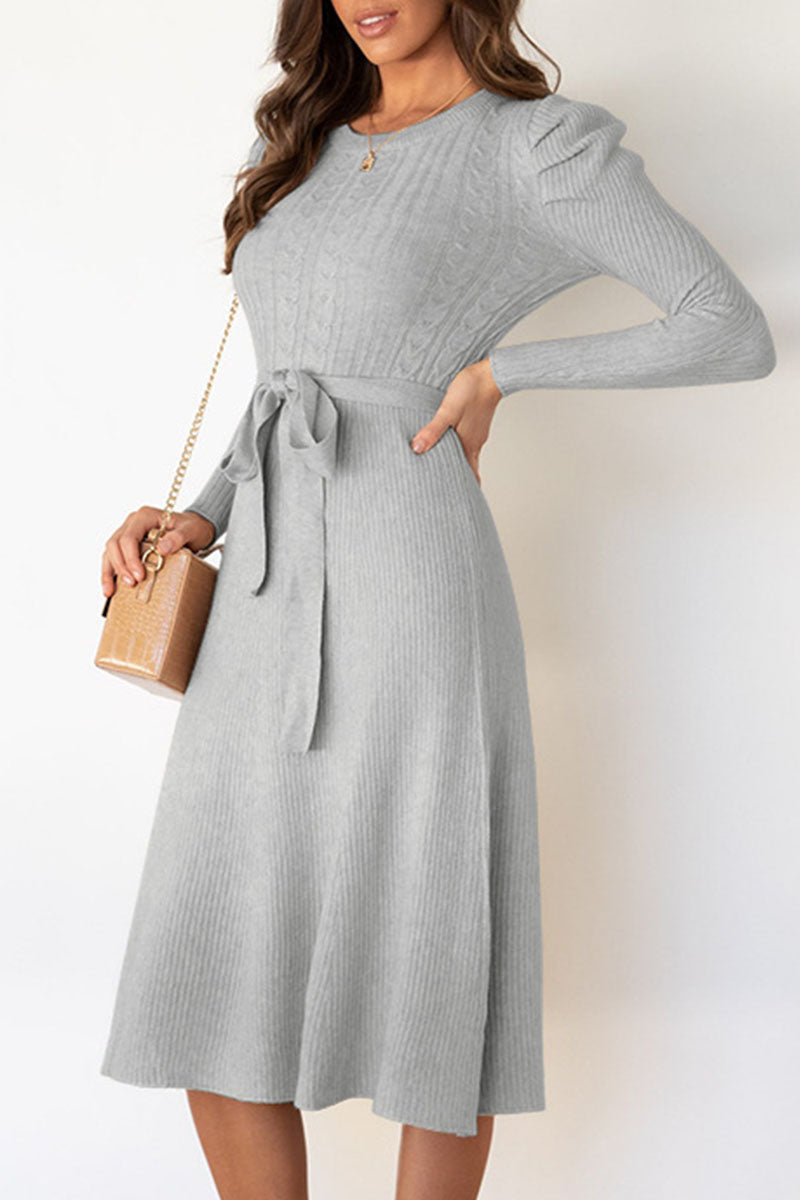 Casual Round Neck Tied Waist Long Sleeves Midi Sweater Dress