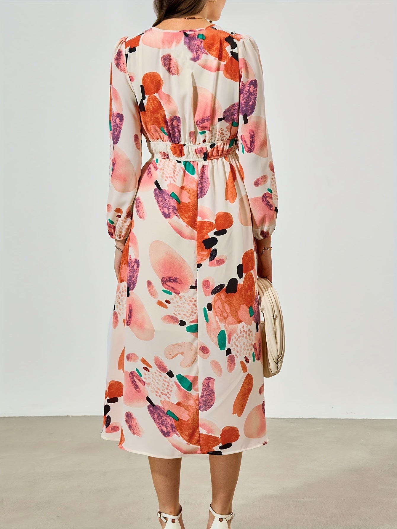 Casual Floral V Neck Long Sleeve Dress