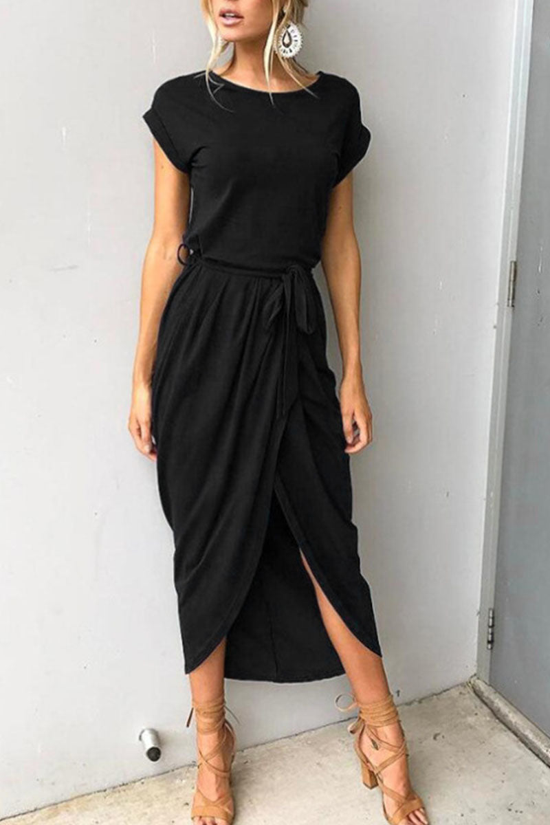 Casual Round Neck Irregular Ruched Slit Front Midi Dress