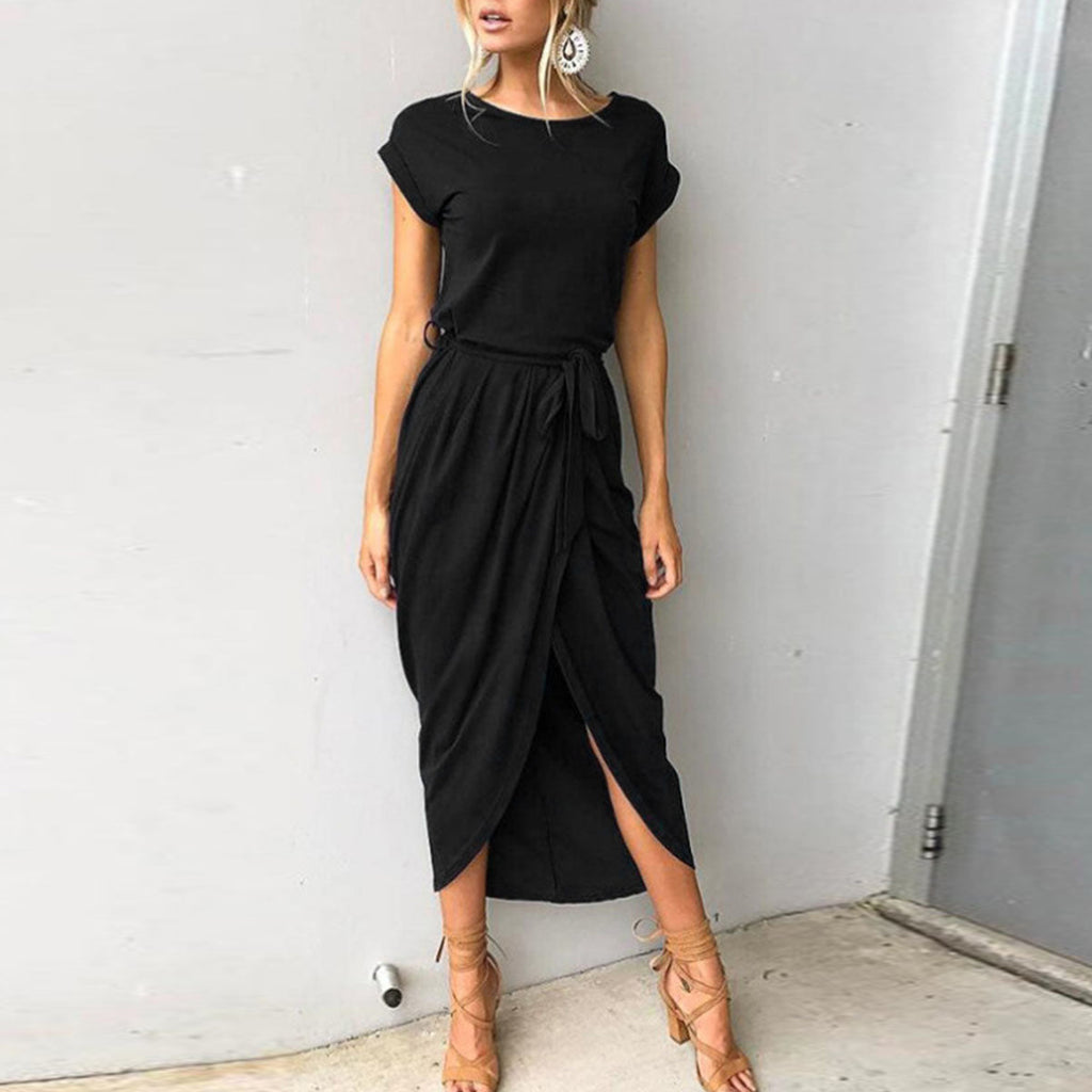Casual Round Neck Irregular Ruched Slit Front Midi Dress