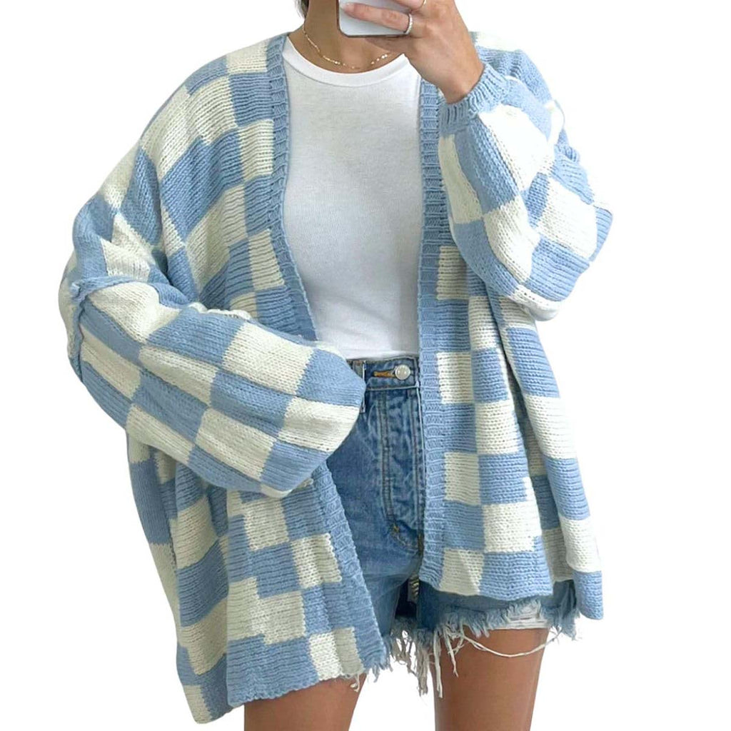 Color Block Plaid Checkered Cardigan Sweater