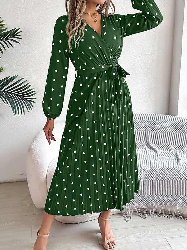 Classic V-neck Long Sleeves Polka Dots Print Midi Dress