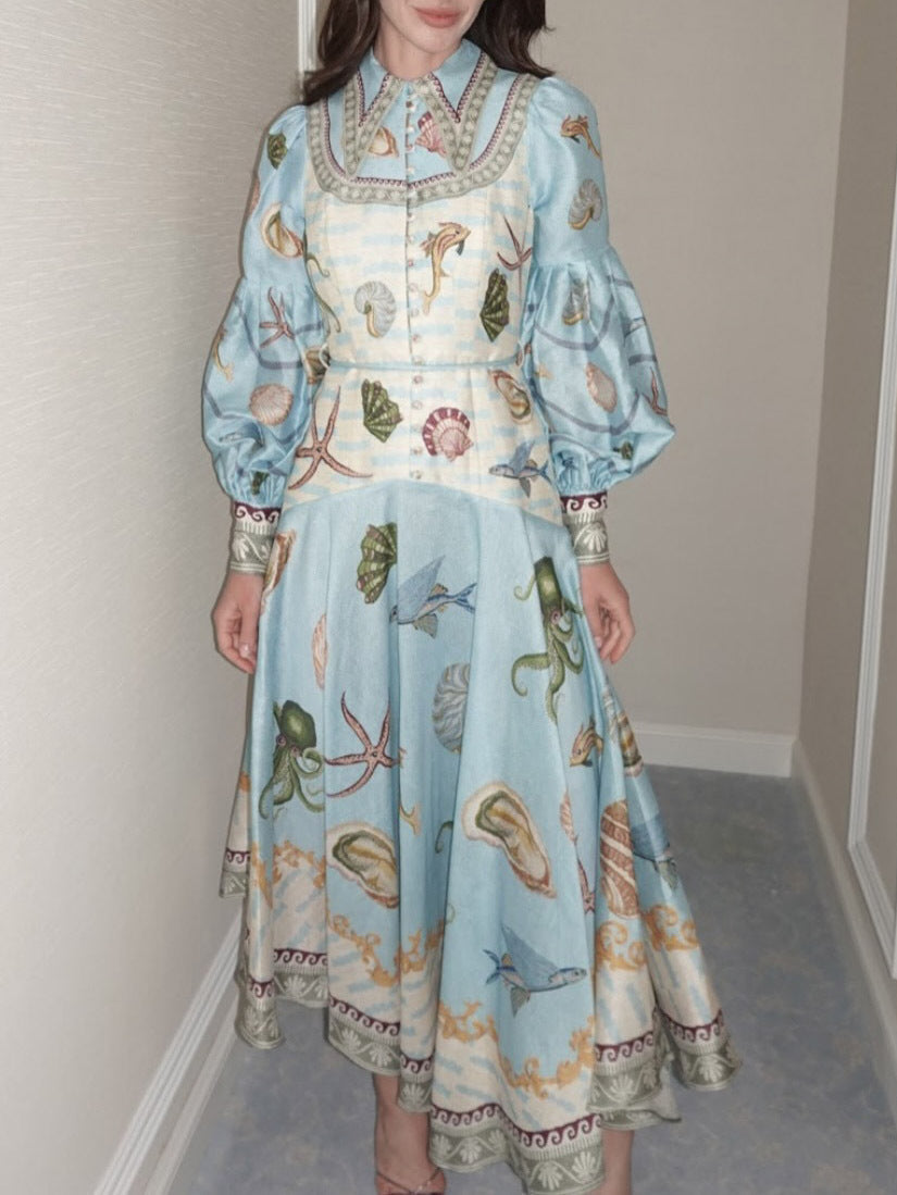 Blue Balloon Long Sleeves Deep Sea Printed Maxi Dress