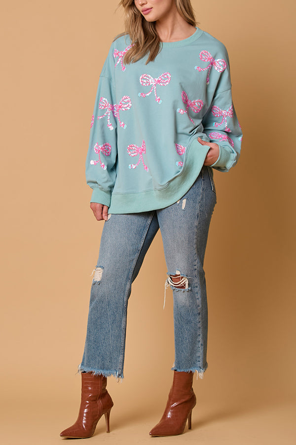 Bow Sequin Casual Loose Long Sleeve Sweatshirt