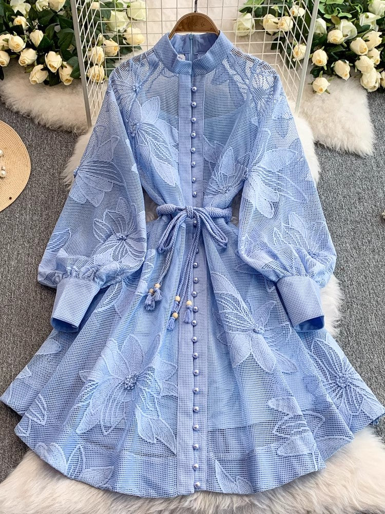 Elegant Hollow Out Lantern Long Sleeve Embroidery Mini Dress