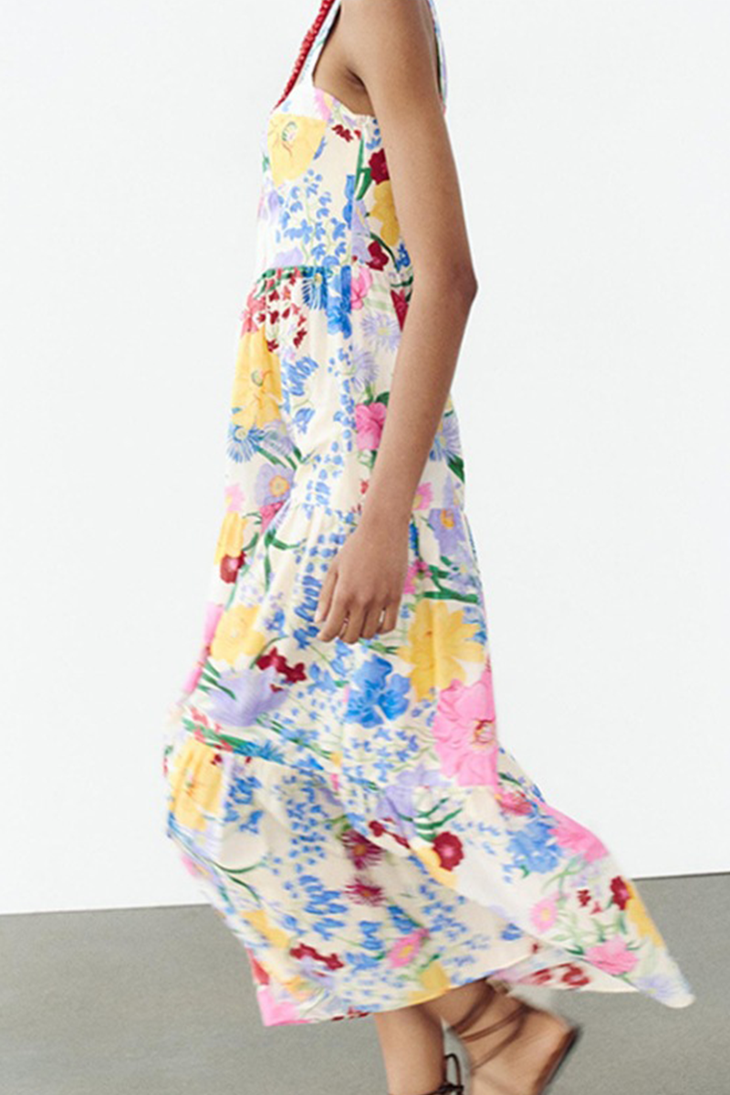Casual Floral Print Straps Midi Dress