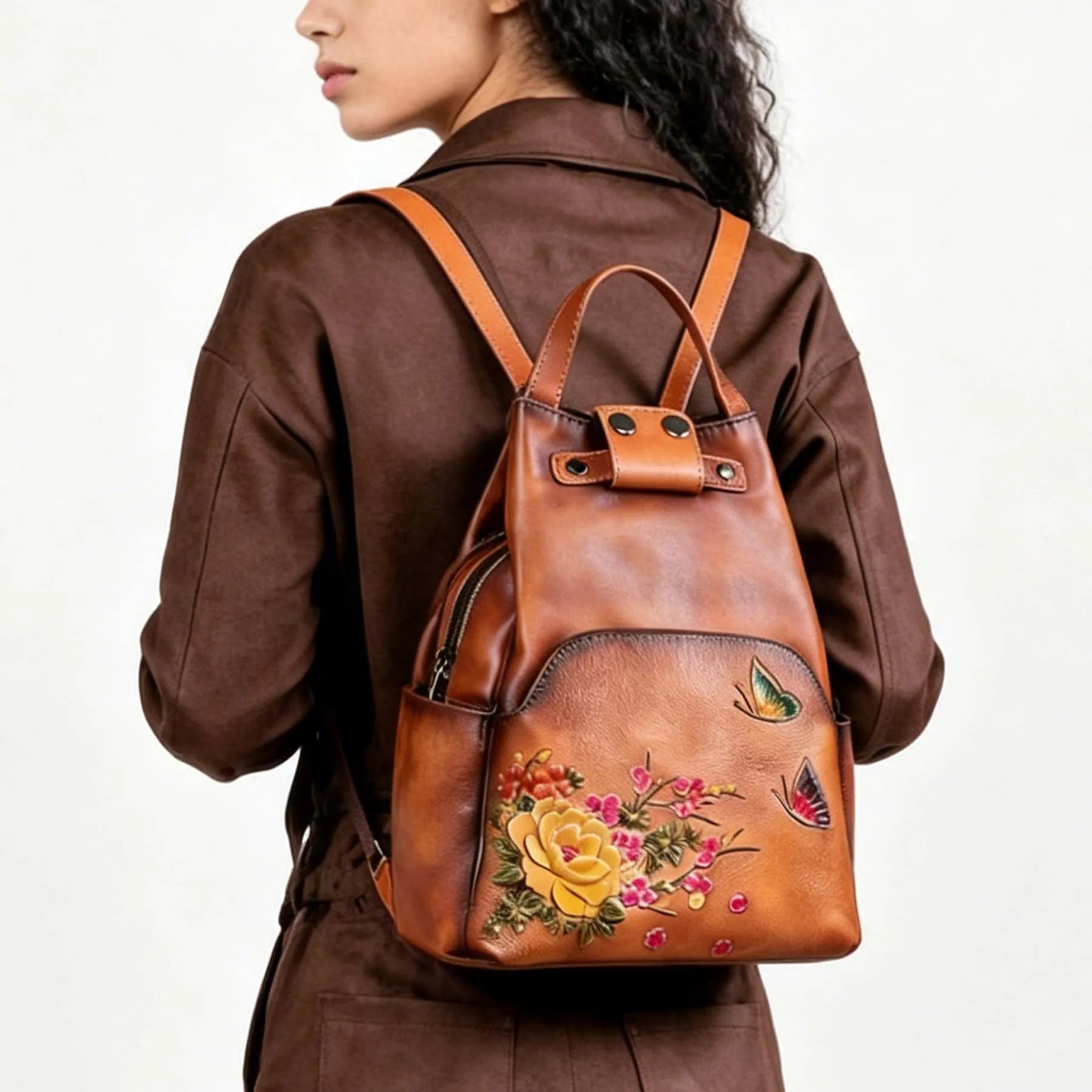 Floral Butterfly Embossed Leather Handbag  Women Backpack