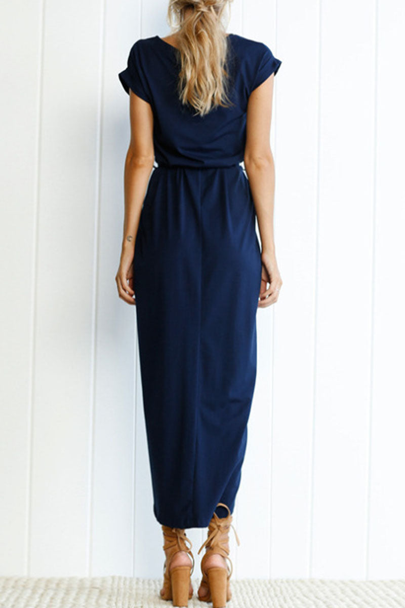 Casual Round Neck Irregular Ruched Slit Front Midi Dress