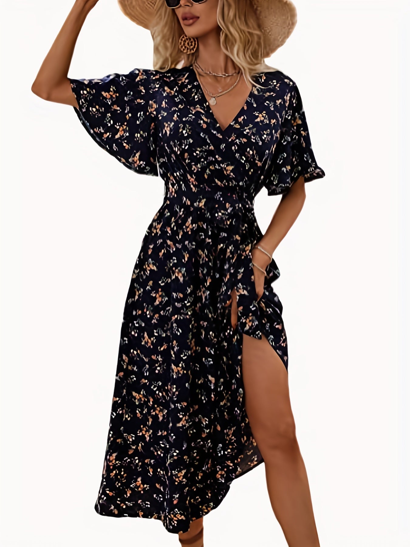 Boho V-neck Floral Print Flutter Short Sleeve Midi Dress