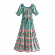 Load image into Gallery viewer, Boho Blue Floral Print Short Sleeve Maxi Dress
