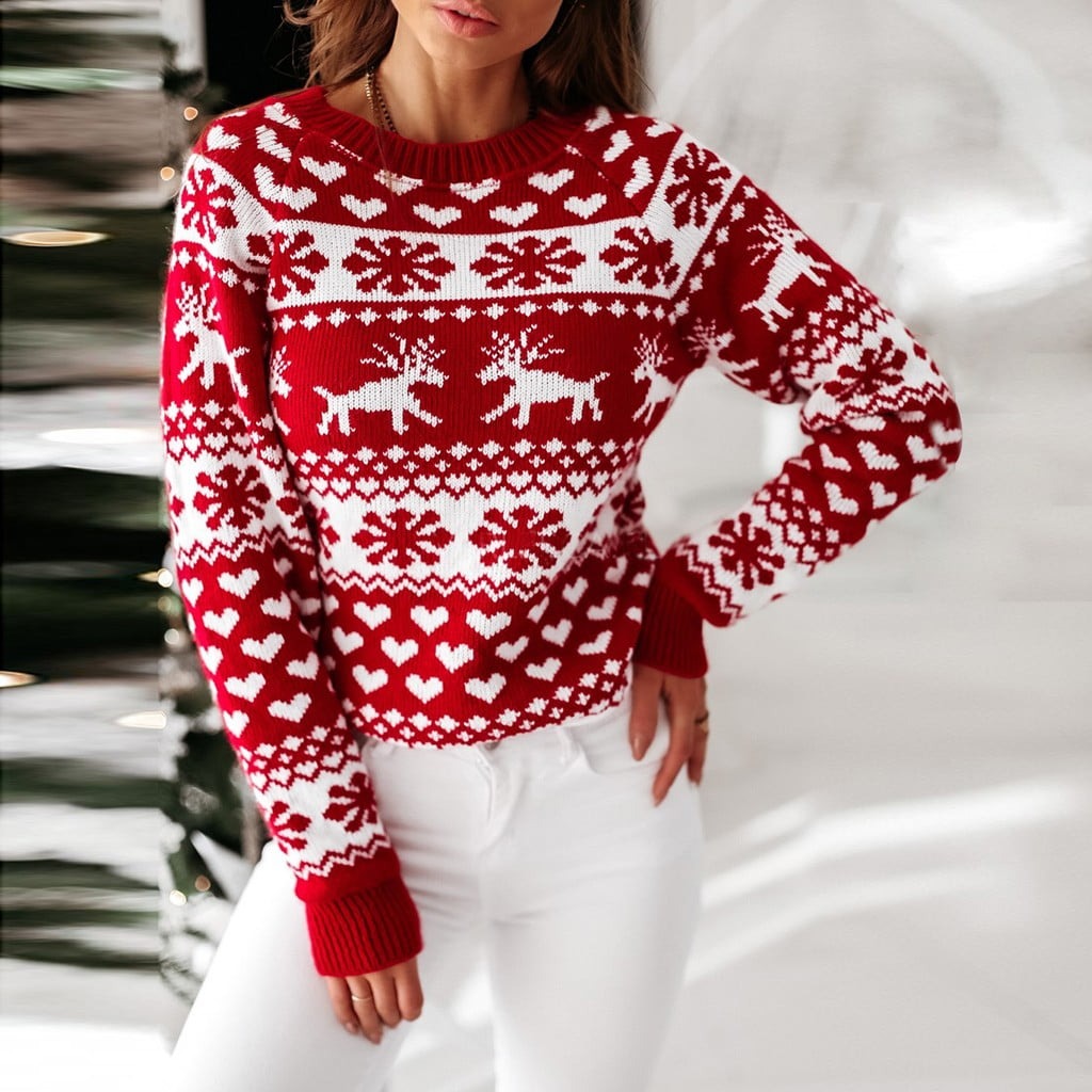 Christmas Elk Snowflake Heart Long Sleeves Knitted Sweater
