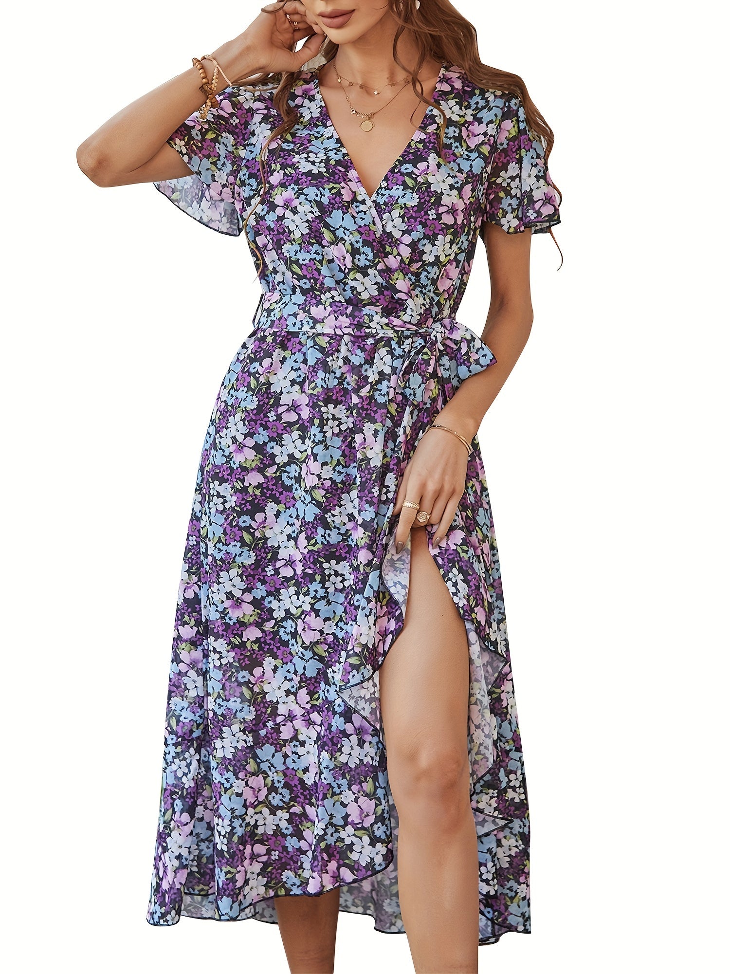 Floral V Neck Short Sleeve Ruffle Midi Dress
