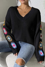 Load image into Gallery viewer, Black Crochet Flower Splicing V-Neck Pullover Sweater
