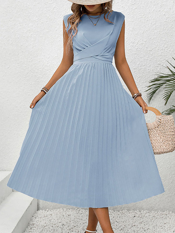 Blue Round Neck Sleeveless Pleated Midi Dress