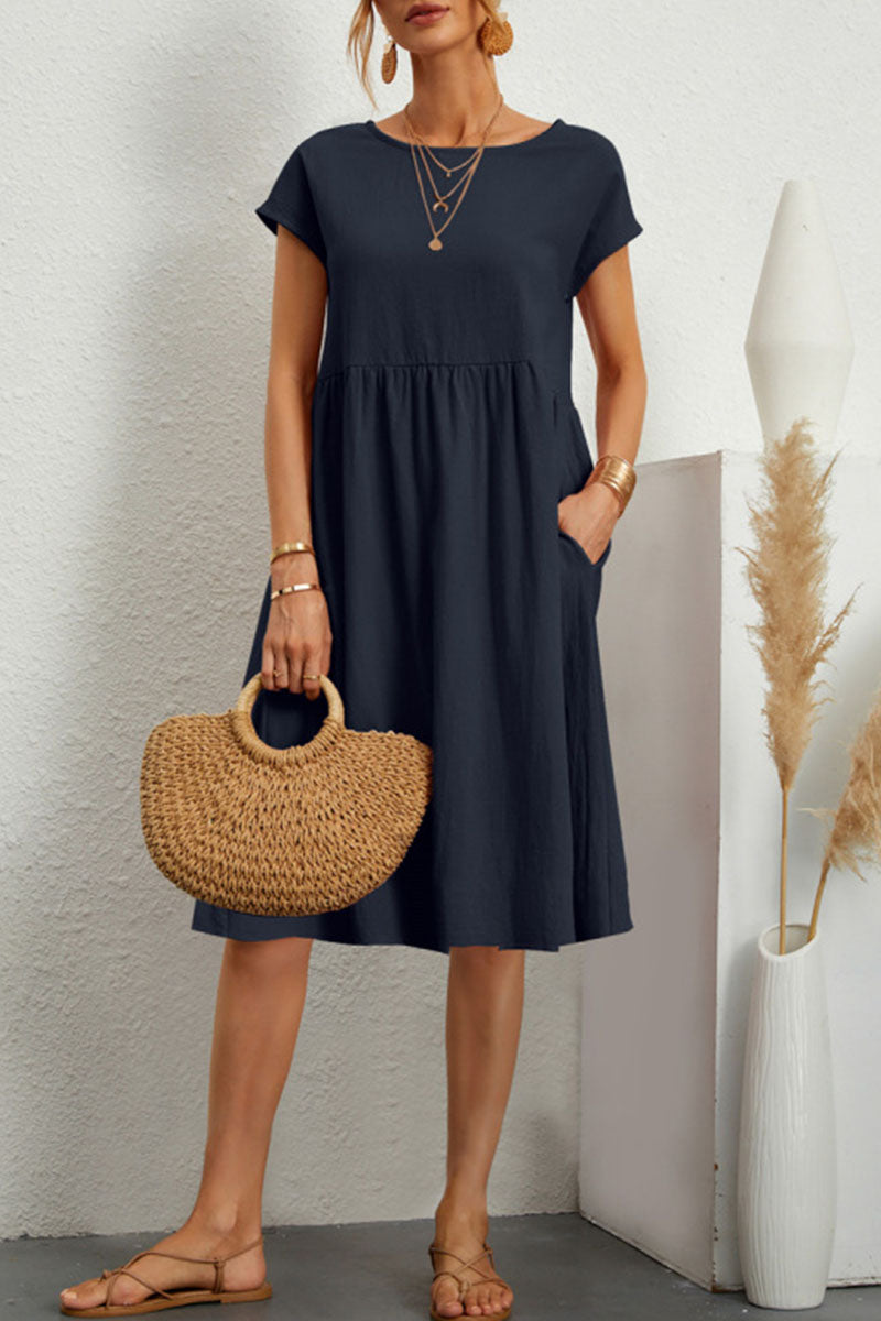 Casual Round Neck Short Sleeve A Line Pockets Midi Dress