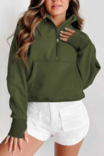 Load image into Gallery viewer, Green Zip Up Stand Collar Ribbed Thumbhole Sleeve Sweatshirt
