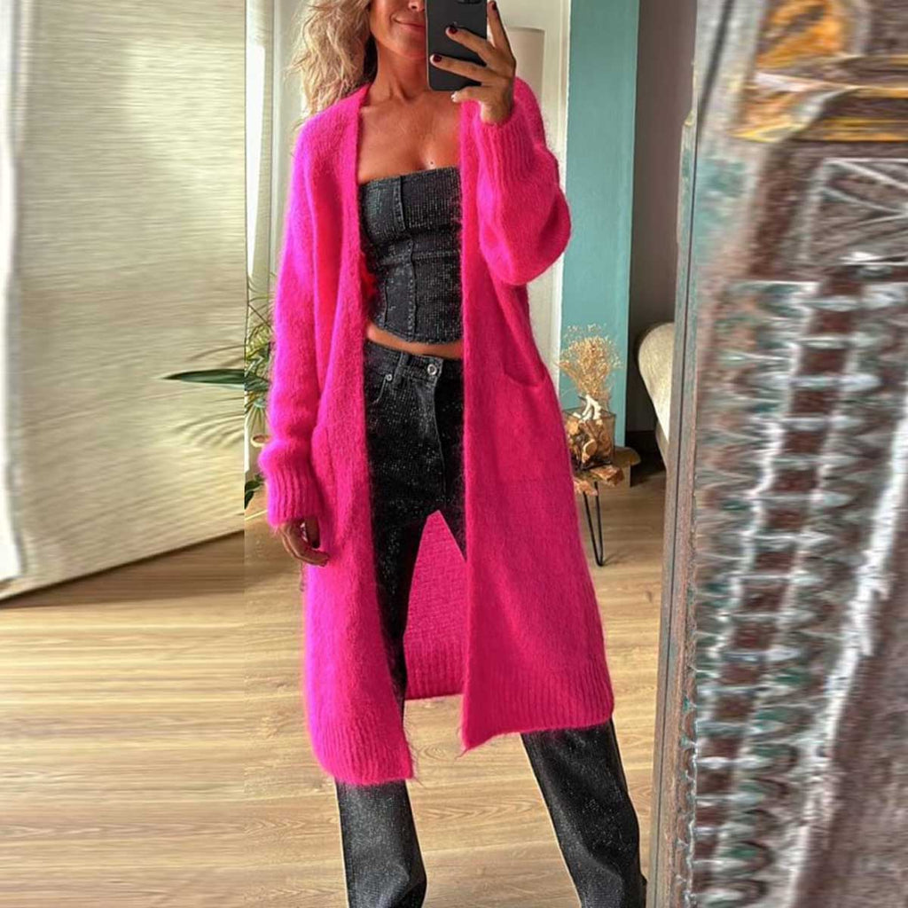 Bright Winter Day Knit Open Front Pocketed Mid-length Cardigan