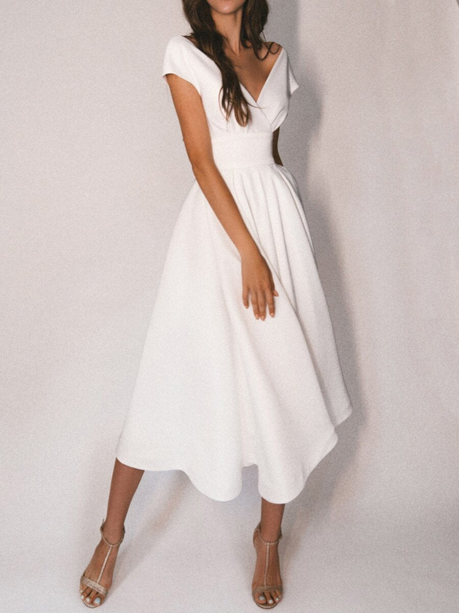 White V-neck Empire Midi Dress