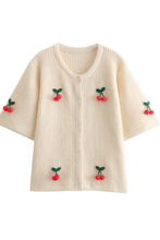 Load image into Gallery viewer, V-neck Cherry Embellished Cardigan Cropped Knitted Sweater
