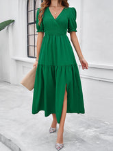 Load image into Gallery viewer, Green V-neck Short Sleeves Slit Side Tiered Midi Dress
