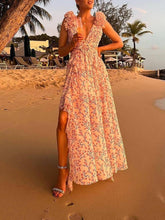 Load image into Gallery viewer, Pink Floral Deep V-neck High Split Ruffled Maxi Dress
