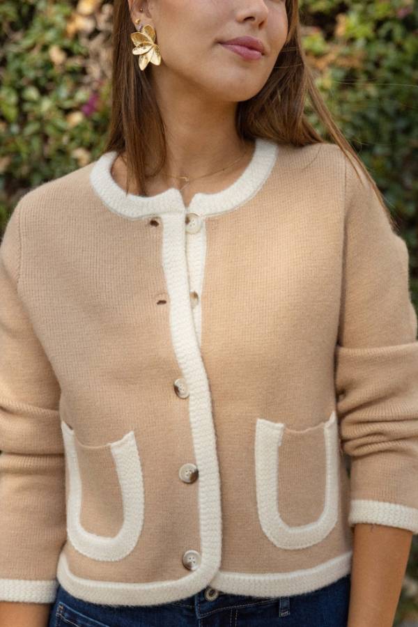 Casual Beige Pockets Color Block Cardigan