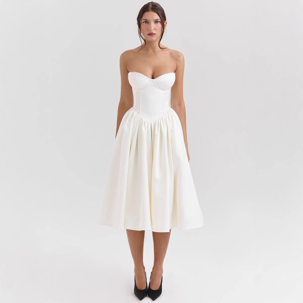 Elegant Strapless Sexy Sweetheart Neckline A-Line Fitted Waist Midi Dress